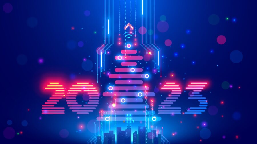 Christmas poster with christmas tree, digits 2023 in electronic technology style. New year, merry christmas congratulations card in cyber computer design. Tech digital banner of event in 2023 year.