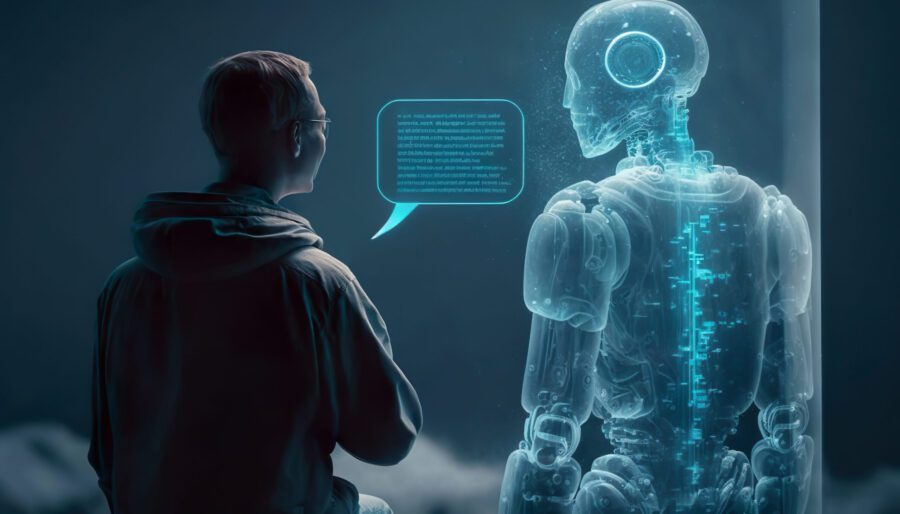 person talking with robotic ai.futuristic technology or machine