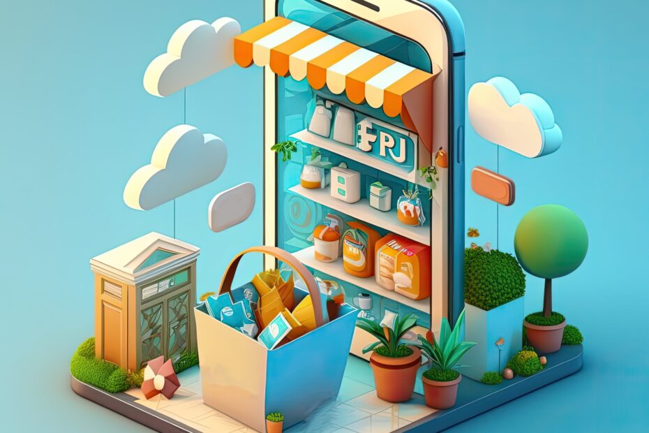 Shopping online Mobile app with smart phone,Buying groceries onl