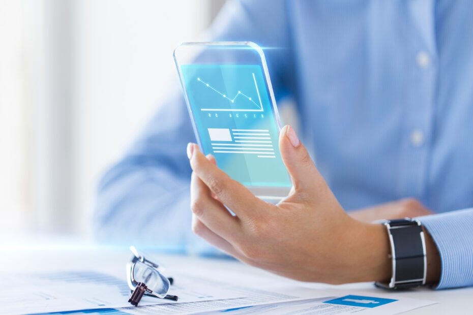 close up of woman with transparent smartphone