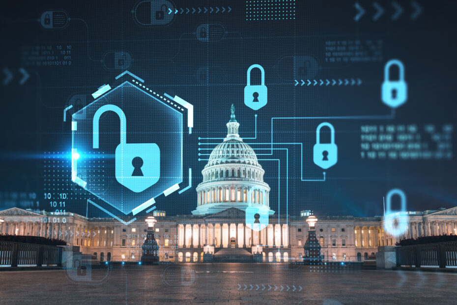 Front view, Capitol dome building at night, Washington DC, USA. Illuminated Home of Congress and Capitol Hill. The concept of cyber security to protect confidential information, padlock hologram