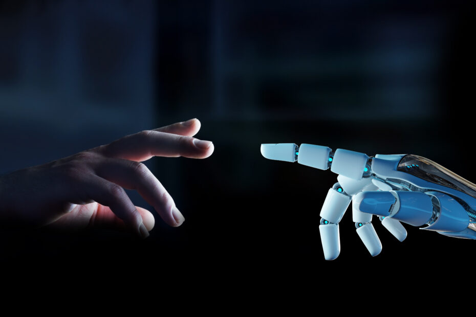 White cyborg finger about to touch human finger 3D rendering