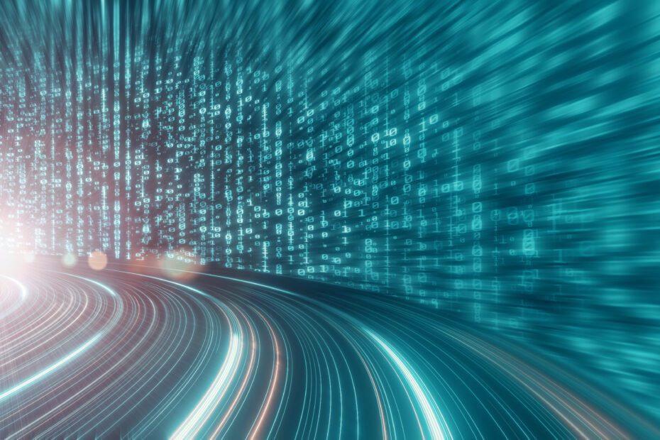 3D Rendering of abstract highway path through digital binary dat