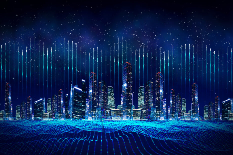 Metaverse smart technology city. Digital futuristic data skyscrapers on technological blue background. Business, science, internet concept