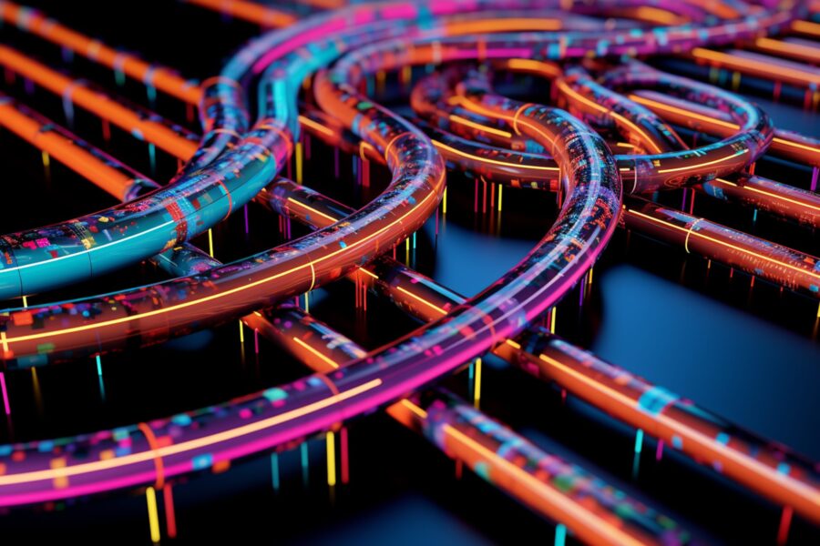 A graphic depiction of a data pipeline with arrows flowing in different directions, illustrating the continuous movement and integration of data for real-time insights.  Generative AI technology.