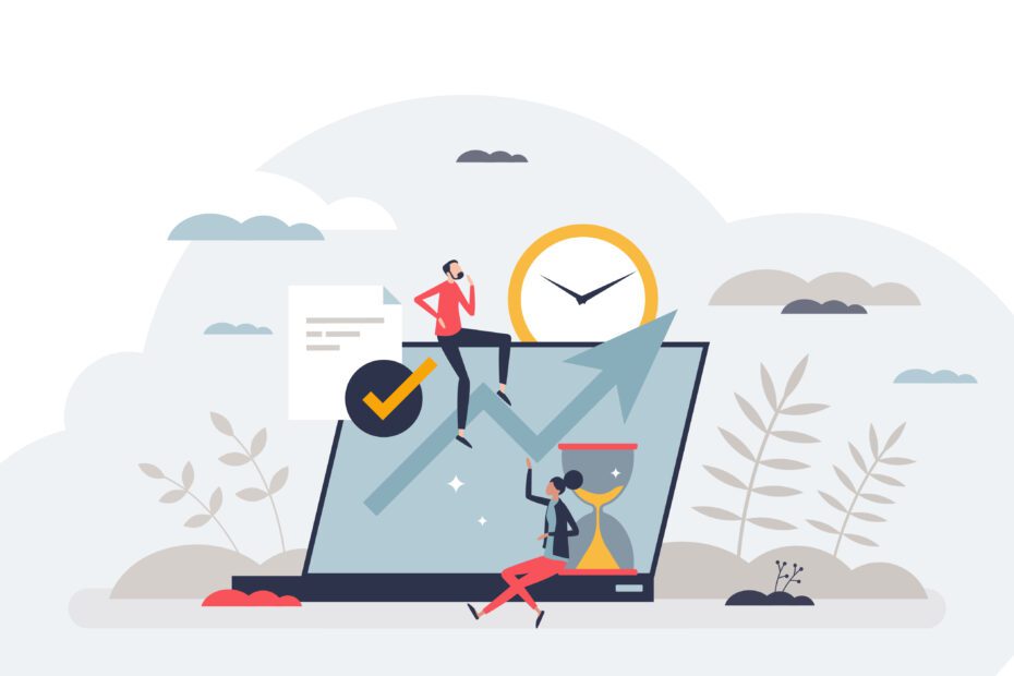 Time tracking and effective working hours management tiny person concept, transparent background. Productive software app for employee work efficiency monitoring illustration.