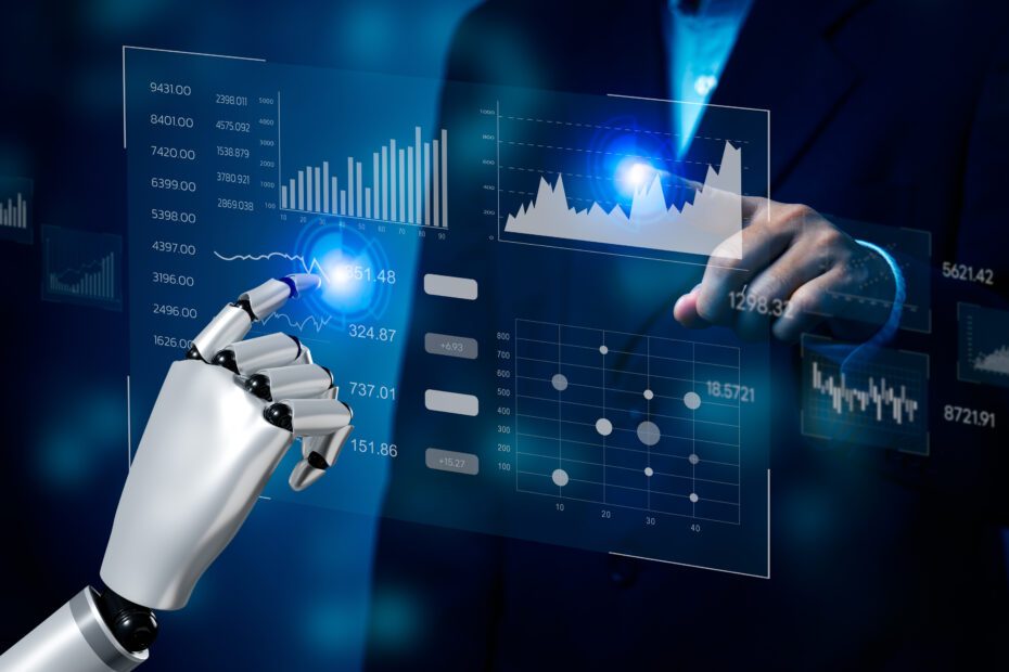 Business 3D rendering artificial intelligence AI robot dashboard Big data diagram graph virtual screen. economic analysis and investment finance and marketing business intelligence (BI) concept.