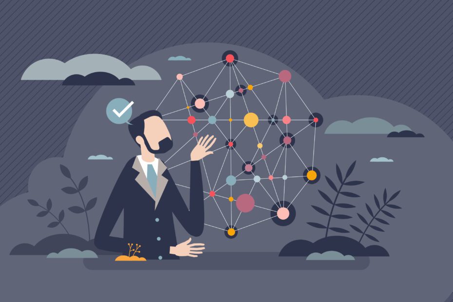 Knowledge graph with logic reason connections and tiny person concept. Businessman thinking visualization as connected dots network vector illustration. Smart intelligence with education and cognition