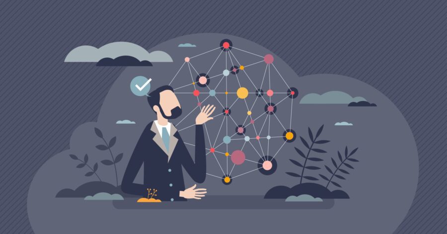 Knowledge graph with logic reason connections and tiny person concept. Businessman thinking visualization as connected dots network vector illustration. Smart intelligence with education and cognition