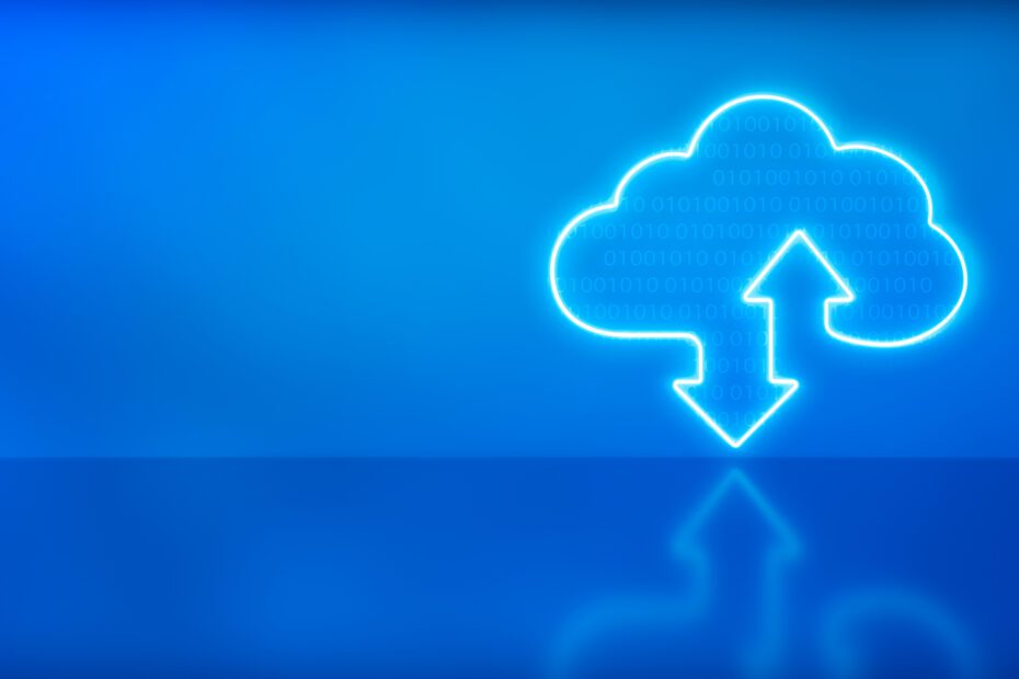 Armor cloud storage sign with two up and down arrows in blue with reflection background. Cloud technology. 3d rendering – illustration.