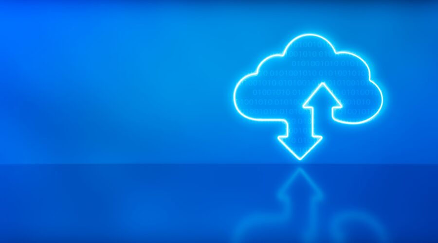 Armor cloud storage sign with two up and down arrows in blue with reflection background. Cloud technology. 3d rendering – illustration.