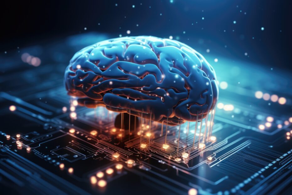 Artificial intelligence technology concept with digital human brain connected to an electronic board