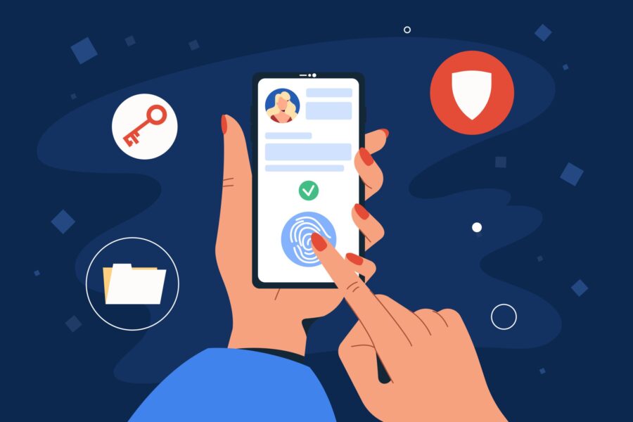 Human scanning forefinger on smartphone for identification