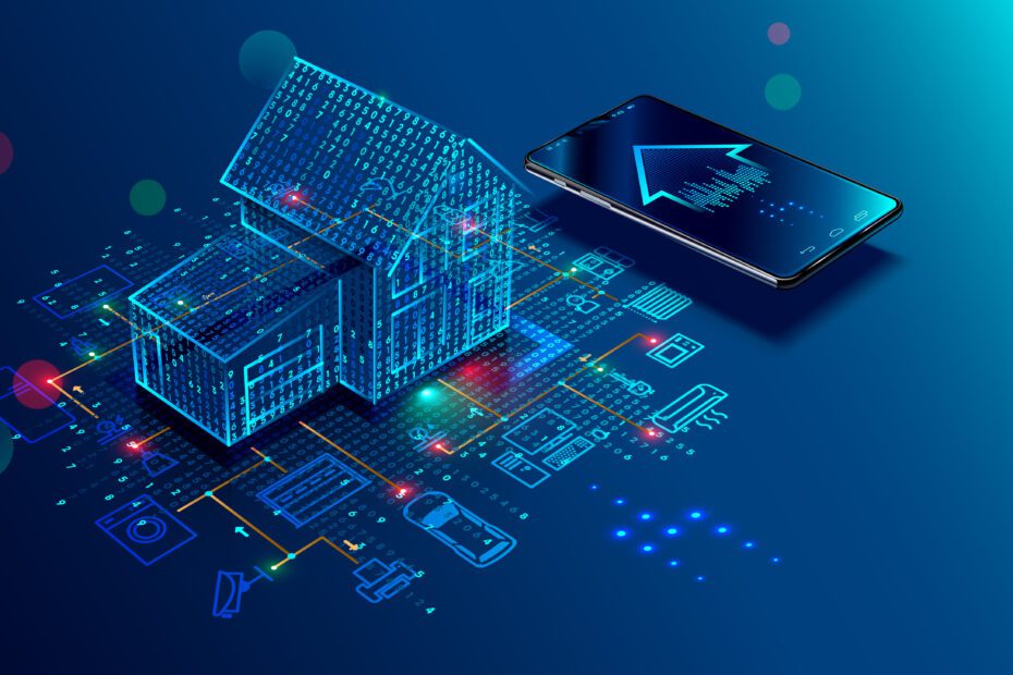 IOT concept. Smart home connection and control with devices through home network. Internet of things doodles background.