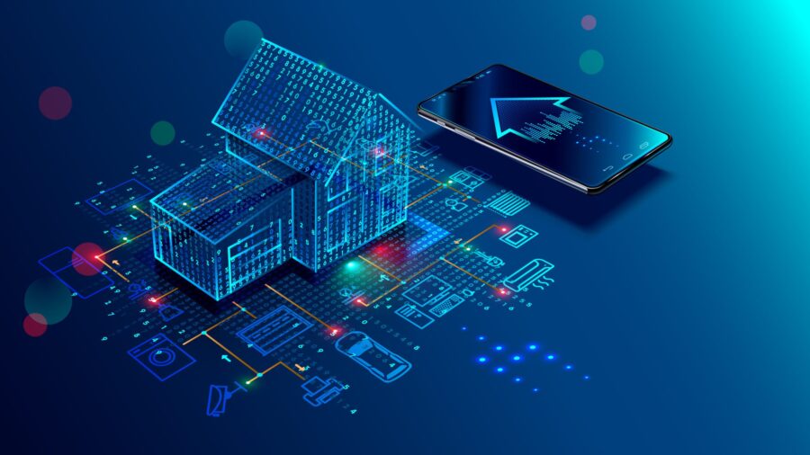 IOT concept. Smart home connection and control with devices through home network. Internet of things doodles background.