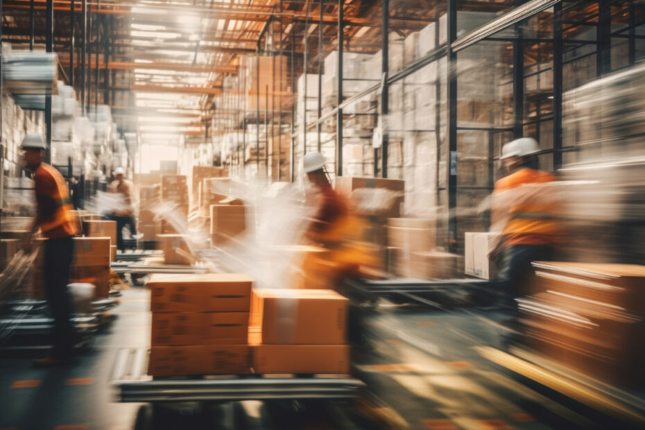 A busy warehouse scene captured with motion blur, showcasing the dynamic environment of logistics and supply.