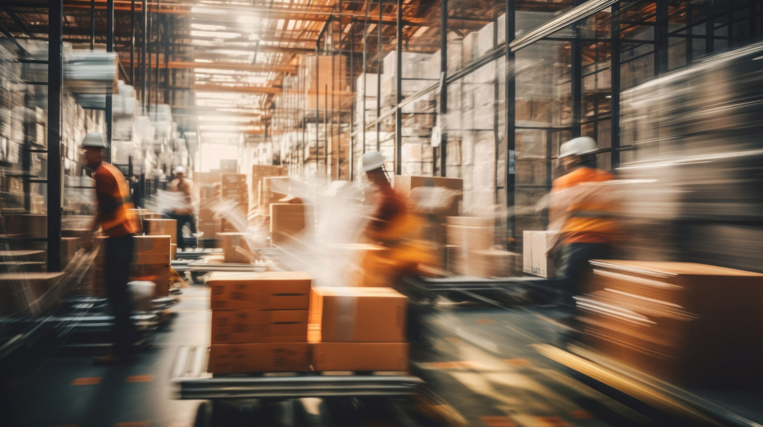 A busy warehouse scene captured with motion blur, showcasing the dynamic environment of logistics and supply.