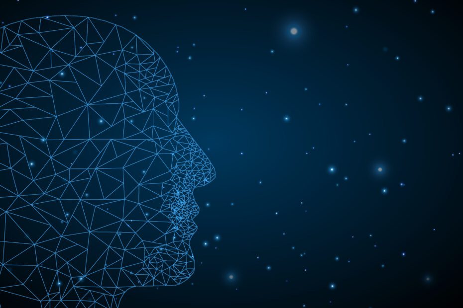 Faces of glowing blue particles, consciousness, technology, soul