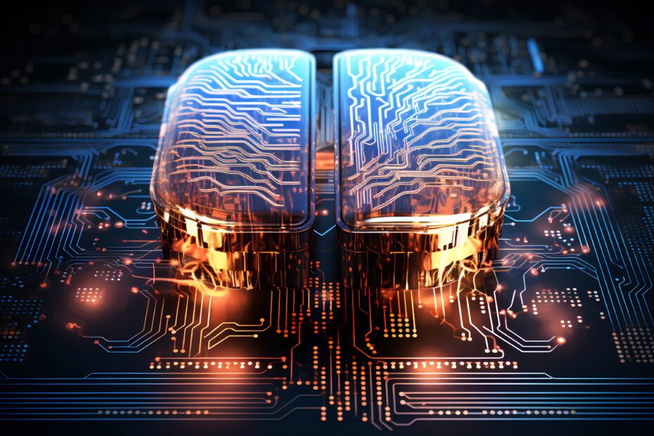 Big data and artificial intelligence concept. Human brain glowing from processor, symbolizing the fusion of human intelligence and machine learning capabilities. Evolution of technology of data.