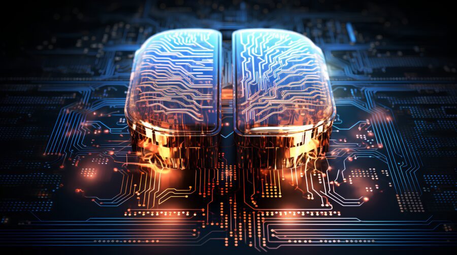 Big data and artificial intelligence concept. Human brain glowing from processor, symbolizing the fusion of human intelligence and machine learning capabilities. Evolution of technology of data.