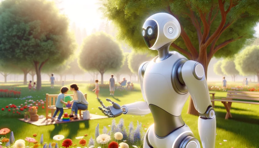 DALL·E-2024-05-22-21.58.13-A-cognitive-robot-interacting-in-a-natural-environment.-The-robot-has-a-sleek-humanoid-appearance-with-smooth-organic-lines-and-soft-neutral-colors