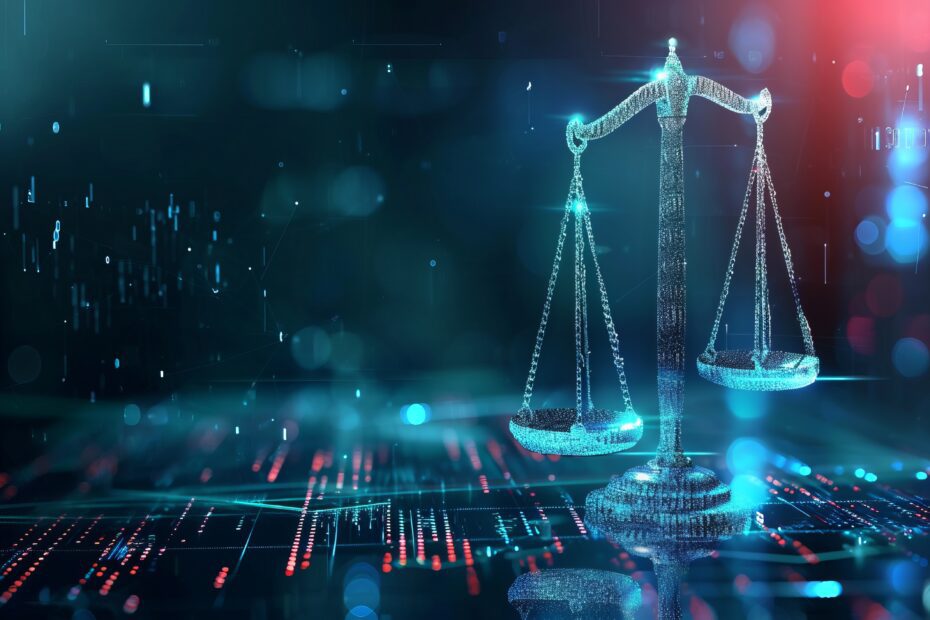 Digital law concept. Law scales at data center. Abstract background