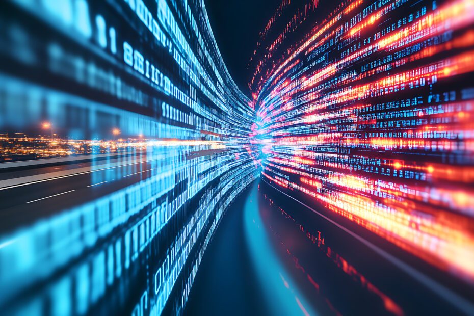 Digital data flow on road in concept of cyber global communication and coding with graphic creating vision of fast speed transfer to show agile digital transformation disruptive innov : Generative AI