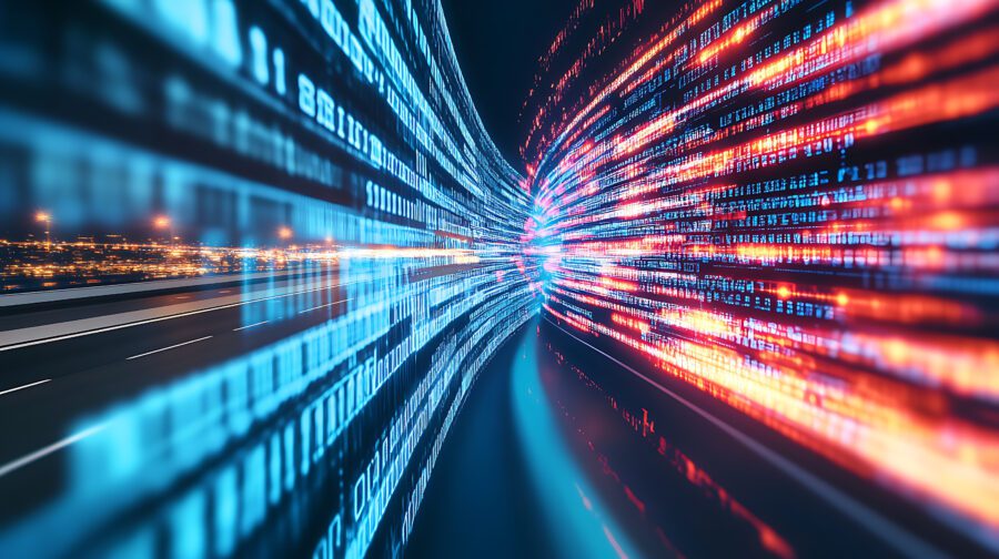 Digital data flow on road in concept of cyber global communication and coding with graphic creating vision of fast speed transfer to show agile digital transformation disruptive innov : Generative AI