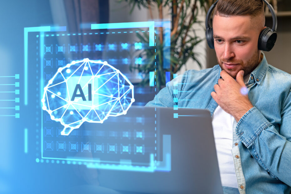 Man with laptop and AI brain interface