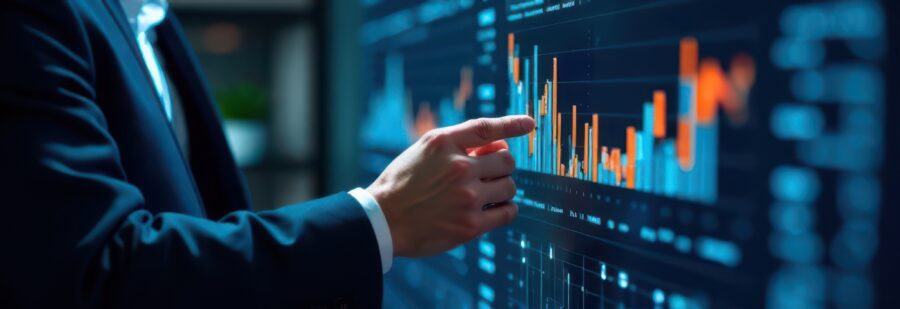 Businessman analyzing financial charts on interactive screen