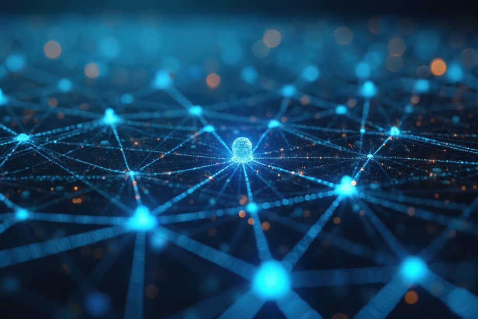 Close-up on blue blockchain nodes powering social network. Viral content profiles converge with decentralized peer interaction expansion landscape. Solution based platform infused tech effect. Proof