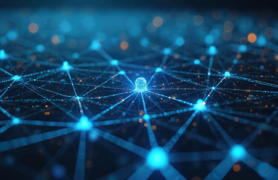 Close-up on blue blockchain nodes powering social network. Viral content profiles converge with decentralized peer interaction expansion landscape. Solution based platform infused tech effect. Proof
