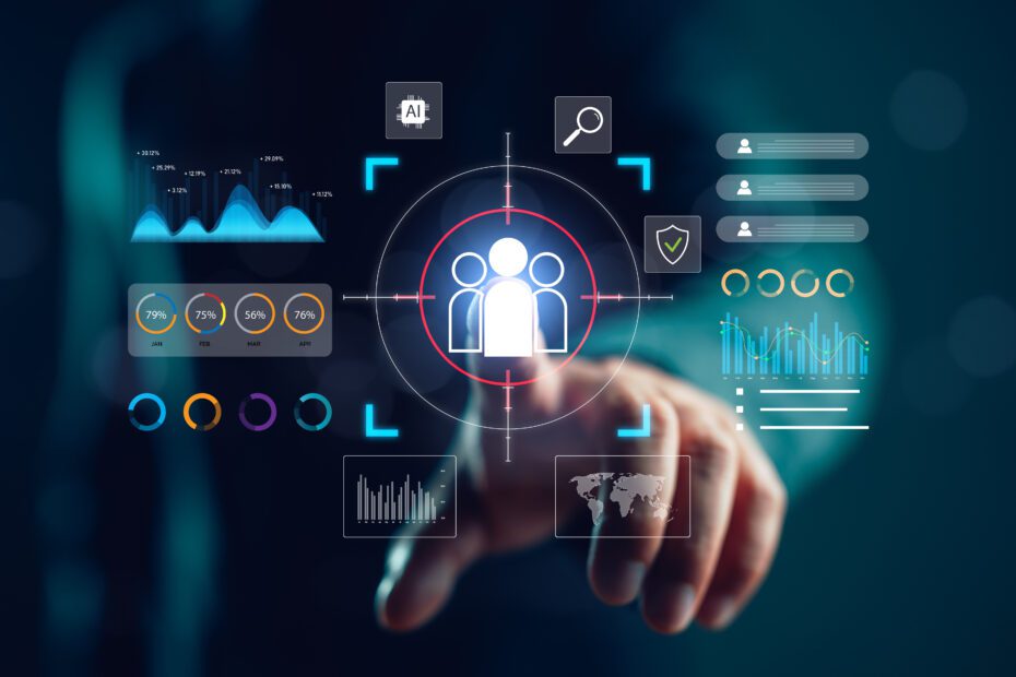 Futuristic interface showing customer data analytics and AI-driven target audience identification. Ideal for marketing, CRM, and business intelligence concepts.
