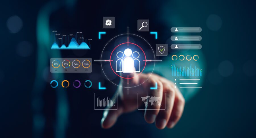 Futuristic interface showing customer data analytics and AI-driven target audience identification. Ideal for marketing, CRM, and business intelligence concepts.