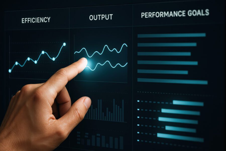 A business strategy focuses on decision making to improve efficiency and output while tracking performance goals through interactive data visualization