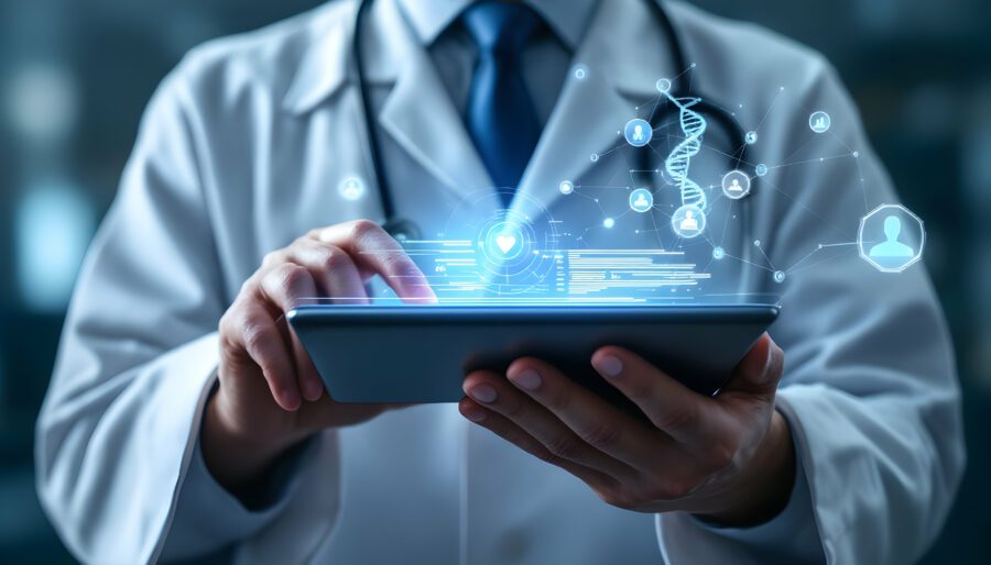 Doctor Using Tablet with Digital Health Data