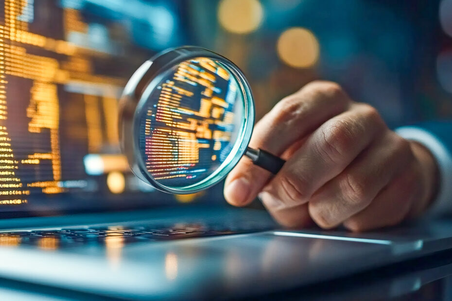 Electronic document check and data information searching online Depicts a businessman using a magnifying glass on a laptop screen symbolizing online file management and data accuracy