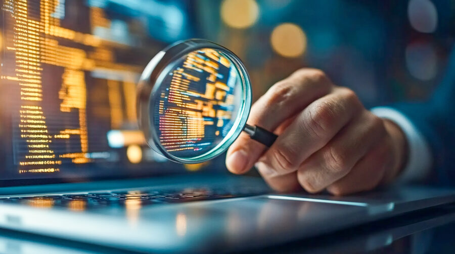 Electronic document check and data information searching online Depicts a businessman using a magnifying glass on a laptop screen symbolizing online file management and data accuracy