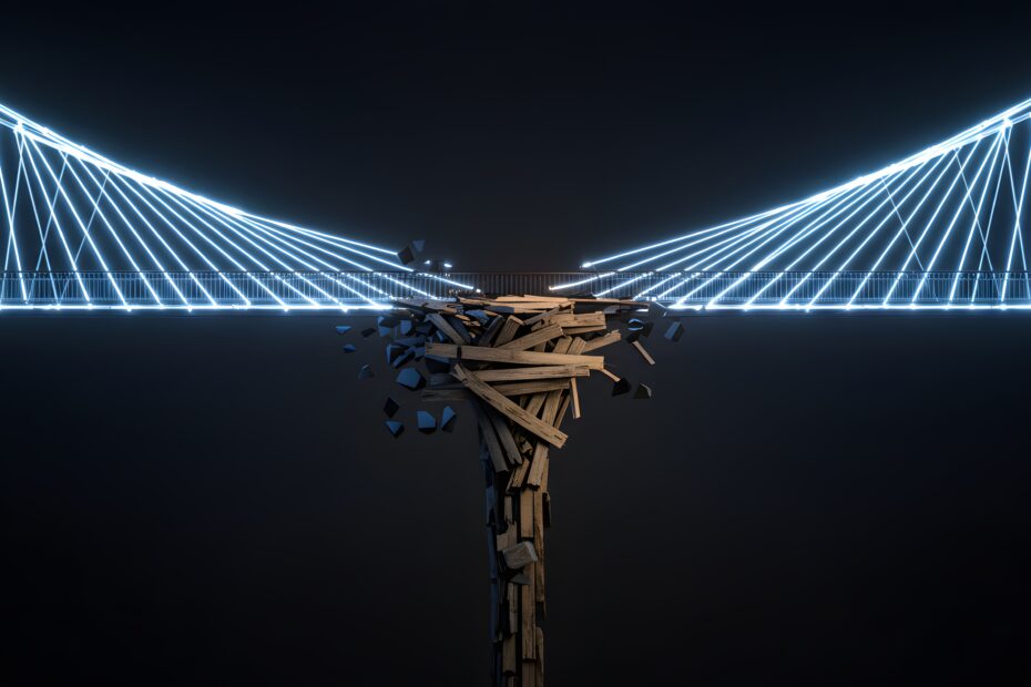 A modern light bridge reveals a single, crumbling wood support, a powerful metaphor for a fatal flaw, technical debt, and a hidden systemic risk