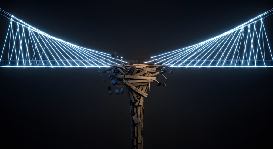 A modern light bridge reveals a single, crumbling wood support, a powerful metaphor for a fatal flaw, technical debt, and a hidden systemic risk